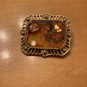 Vintage Cameo Style Portrait Brooch Gold Tone Ornate Frame Victorian Revival